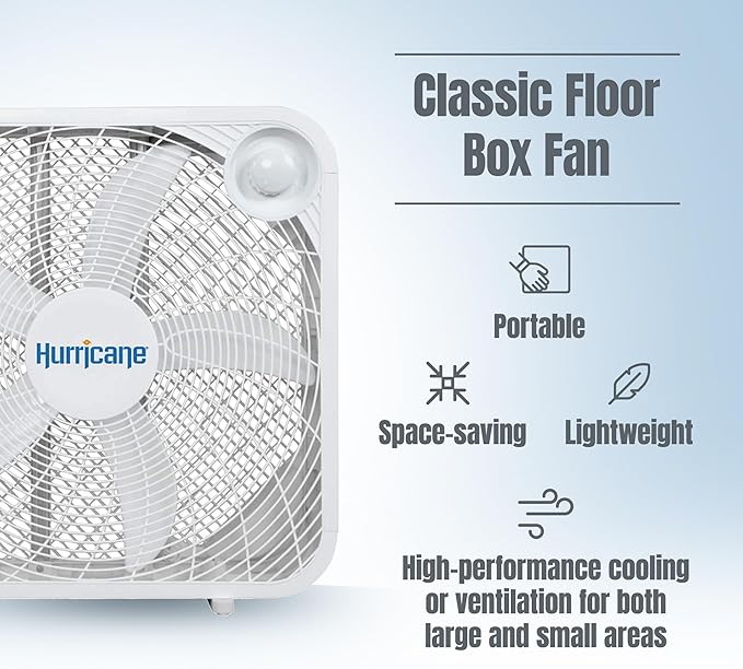 Hurricane Classic Floor Mount Box Fan w/ 3 Quiet Speeds, White, 20" - Corded Portable Electric Air Cooling Unit w/ Powerful 2400 CFM Airflow for Home, Garage, Office, Bedroom & Basement