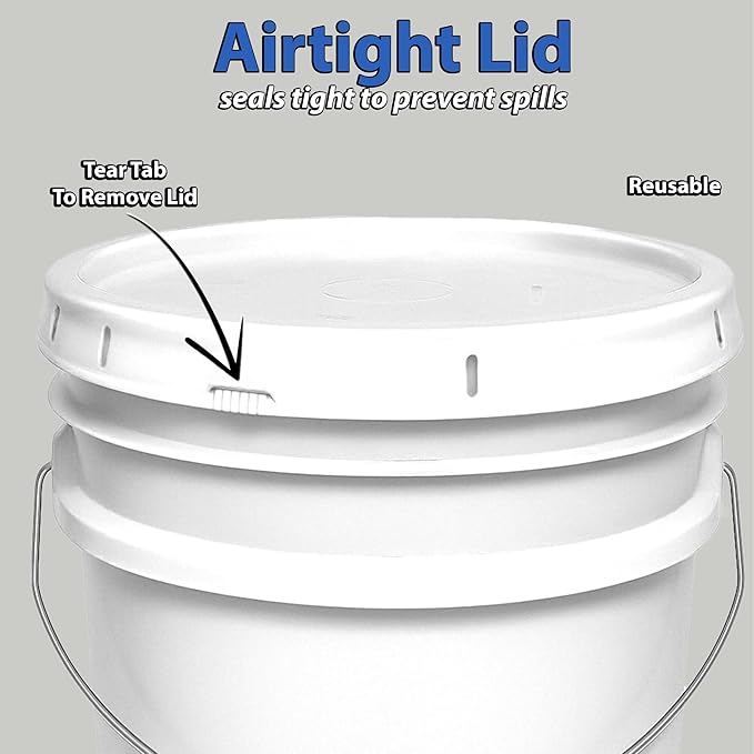 MKS Plastics 5-Gallon Bucket with Airtight Lid – Made in USA, Food Grade BPA Free Plastic, Heavy Duty Multi-Use, Metal Handle with Grip, Stackable Storage – Natural, 1 Pack