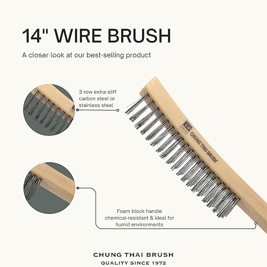 14“ Plastic Handle Wire Brush Set (562301) – 2 Pack 3 Row Scratch Brush Premium Carbon Steel Bristles, Durable, Paint Removal, Rust Removal, Scrubbing, Deep Cleaning, and Detailing