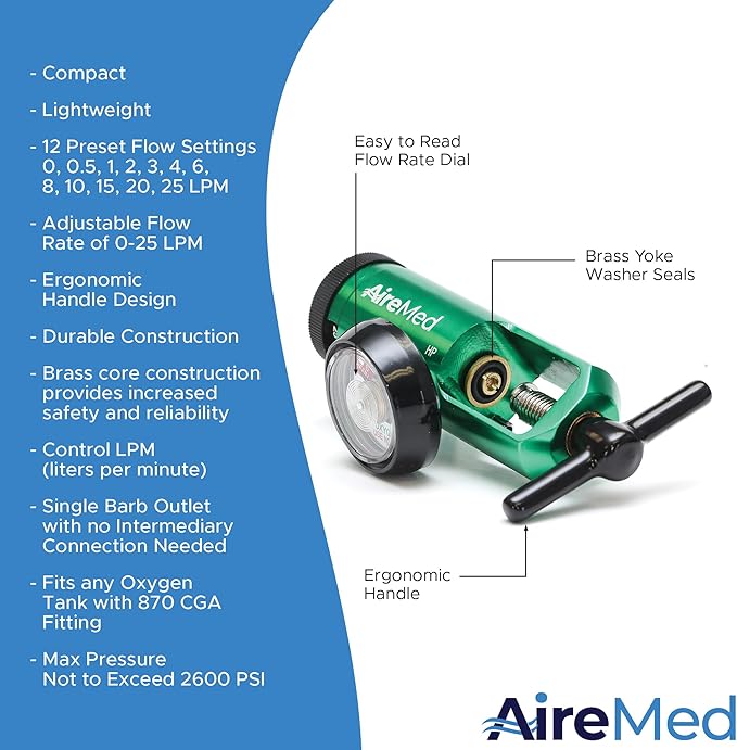AireMed Oxygen Regulator 0-25LPM, CGA-870 Gauge Flow Rate – Includes Wrench Key, 5 Brass Yoke Washer Seals, and 2 Oxygen Tubing Swivel Connectors - Ergonomic Handle Design - Green