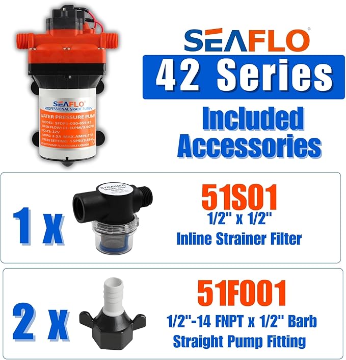SEAFLO 42 Series On Demand Water Pressure Pump 12V 3.0 GPM 55PSI, with Bypass for Reduced Cycling, Self-Priming, For Marine/RV/Off-Grid, CE & Rohs Certified, UL Listed, 4-Year Warranty