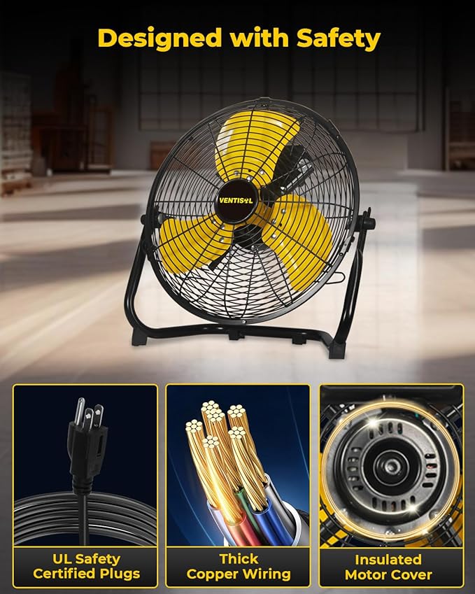 VENTISOL 12 Inch Portable Floor Fan, 3 Speed Metal Industrial Shop Fans with 180° Tilt, 1700 CFM High Velocity Heavy Duty Fan, for Bedroom, Garage, Workshop