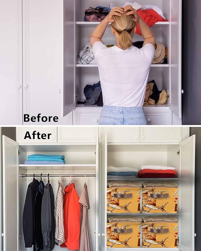 Orange Deer Storage Bins Cubes Waterproof Cloth Storage Basket, Wildlife Animals Rustic Farmhouse Elk Foldable Storage Bags for Shelf Closet Clothes Storages Organizers with Handles 15x11x9.5 in 1PCS