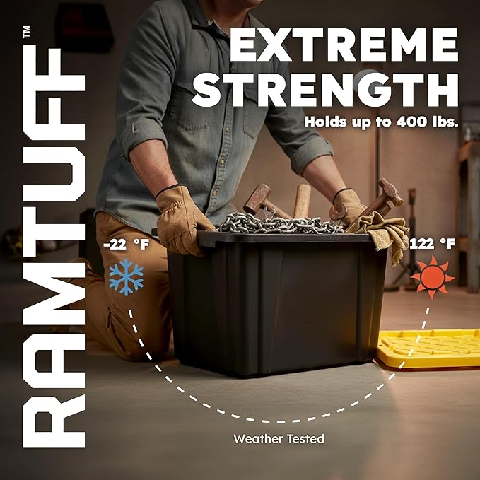 Ramtuff 4 Pack Heavy Duty Stackable Storage Container with Snap-Tight Lid, Resistant To Weather Organization Tote, 27 Gallon, Black and Yellow