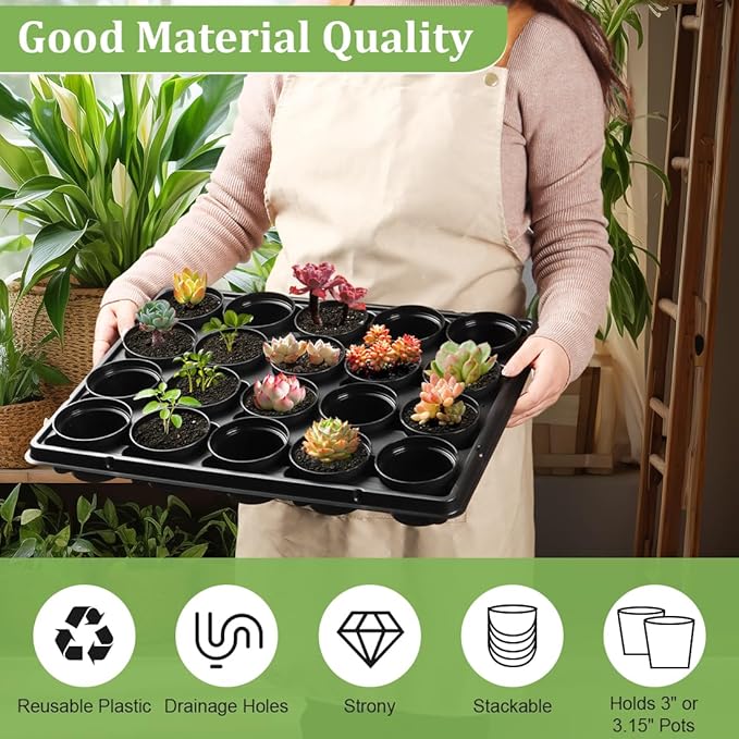 RooTrimmer 3 Inch Plastic Plant Pots 100 Pcs with 5 Pcs 20 Cell Seed Starter Trays, Thick Black Small Nursery Pots and Propagation Shuttle Trays for Seed Starting, Plant Propagation Starter Kit 5 Sets