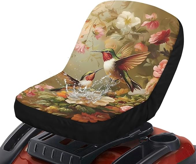 Hummingbird and Flower Riding Lawn Mower Seat Cover for Tractor Accessories, Lawnmower Parts Compatible with Kubota with Pockets, Lawn Tractor Seat Cover,Mower Seat Cushion