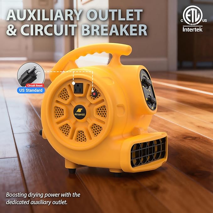 Air Mover, 1100 CFM 1/4 HP 200W Blower Fan, Floor Fan Heavy Duty with 3 Speeds and Timer, Stackable Air Blower, Utility Fan for Carpet, Floor Drying and Water Damage Restoration, YELLOW