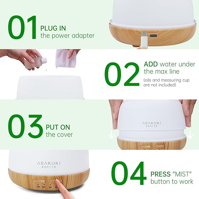 ASAKUKI Essential Oil Diffuser, 300ml Ultrasonic Aromatherapy Oil Humidifier with 7 Colors LED Lights, 2 Mist Mode for Home, Gift for Mom (Wood Grain)