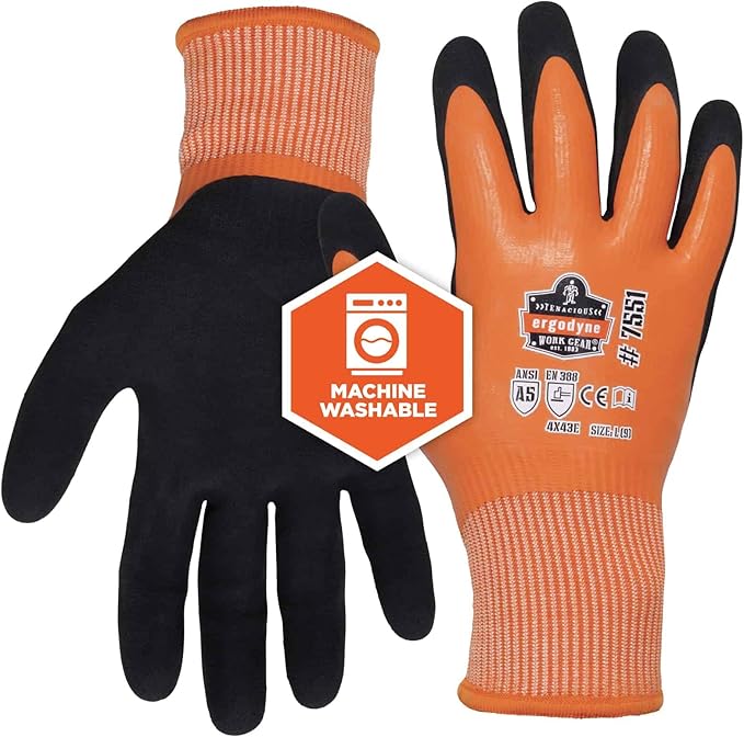 Ergodyne ProFlex 7551 Waterproof Winter Work Gloves, Cut Resistant ANSI A5, Sandy Nitrile Coated Palms, Thermal Fleece Lining, 12-Pack