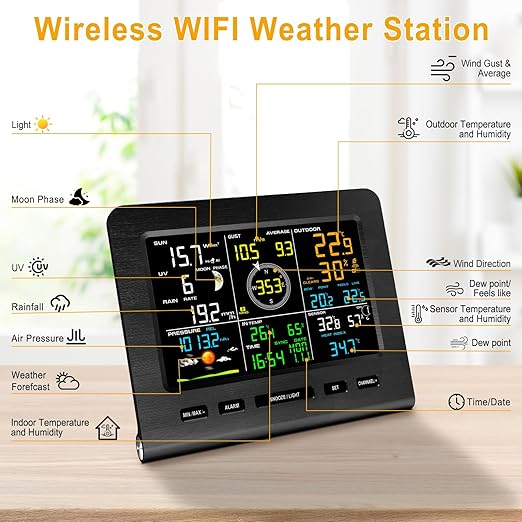 Urageuxy WiFi Weather Station - 7-in-1 Wireless Smart Home Weather Stations with Rain Gauge and Wind Speed/Direction,Temperature, Humidity, Weather Forecast, UV/Light, Moon Phase and Alarm