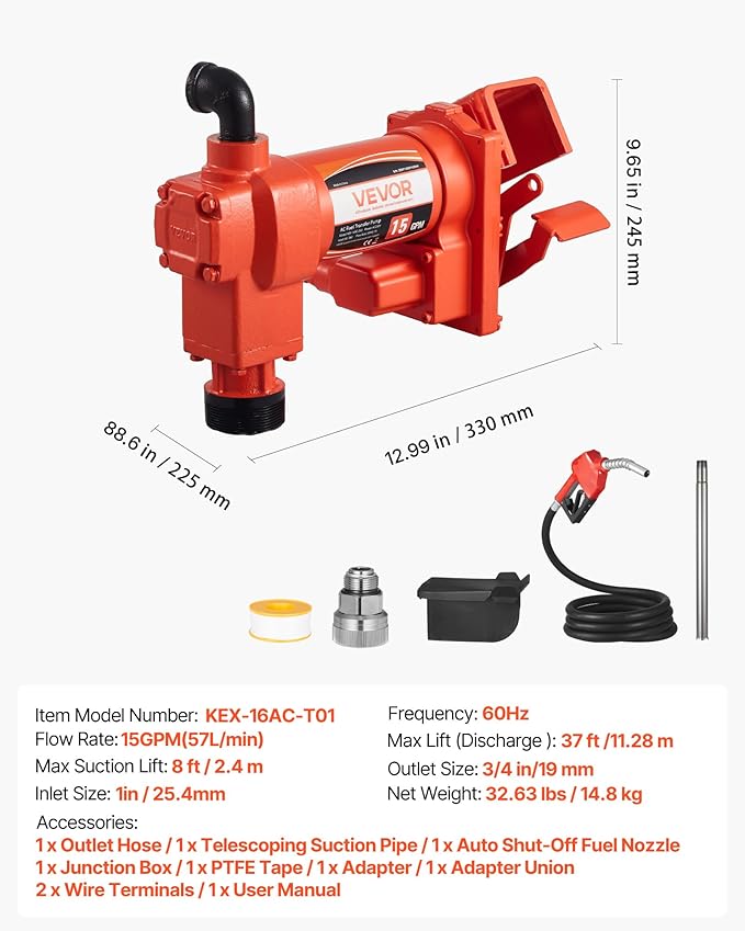 VEVOR Fuel Transfer Pump 110V, 15 GPM 57 L/min, AC Electric Oil Transfer Pump, with Auto Shut-Off Fuel Nozzle & Discharge Hose, High Flow Kit for Gasoline, Diesel, Kerosene, Biodiesel, Ethanol Blends