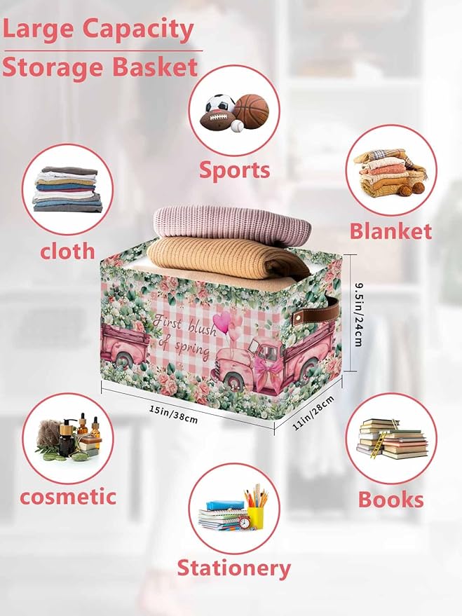 Eucalyptus Trucks Storage Bins Cubes Waterproof Cloth Storage Basket,Spring Farmhouse Floral Leaves Pink Plaid Foldable Storage Bags for Shelf Storages Organizers with Handles 15x11x9.5 in 2PCS