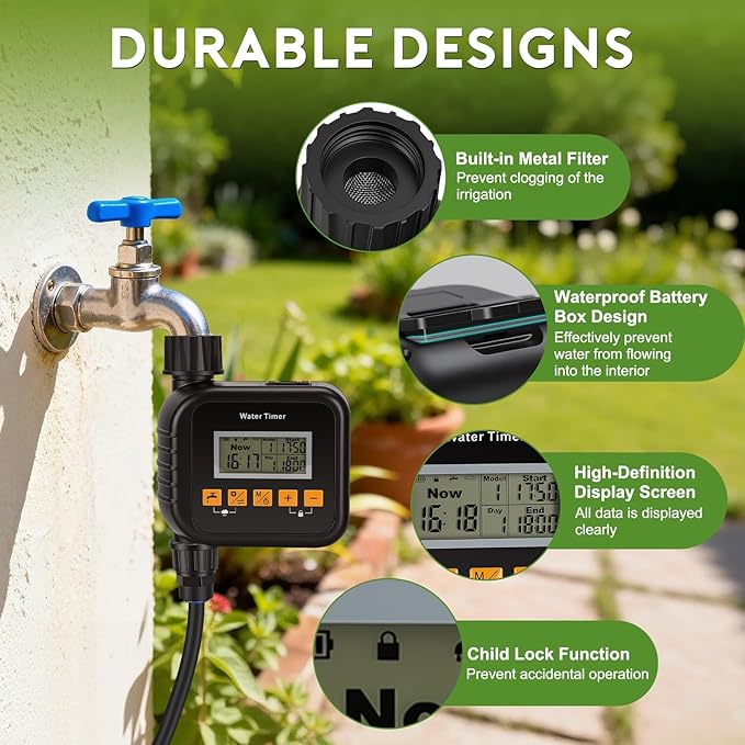 Snowtaros Smart Sprinkler Timer, Outdoor Water Hose Timer with Rain Sensing, 9 Watering Modes Garden Irrigation Controller for Yard, Lawn & Patio, Easy Installation (1 Zone)