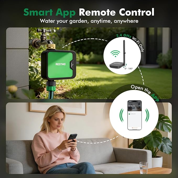 RESTMO Smart WiFi Water Timer for Garden Hose, Sprinkler Timer with APP Control & Brass Inlet, Rain Delay/Manual/Automatic Watering System, Quantity or Timed Irrigation Modes for Misting, Garden