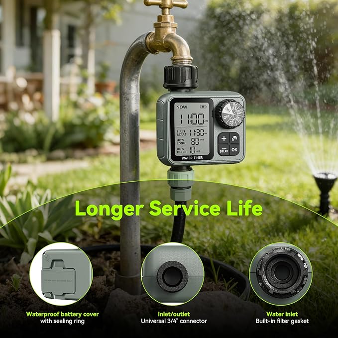 CMARS Sprinkler Timer for Garden Hose, Programmable Water Timer with Rain Delay & Manual Mode, Automatic Drip Irrigation System, Outdoor Hose Timers for Lawn Yard Watering, 1 Outlet