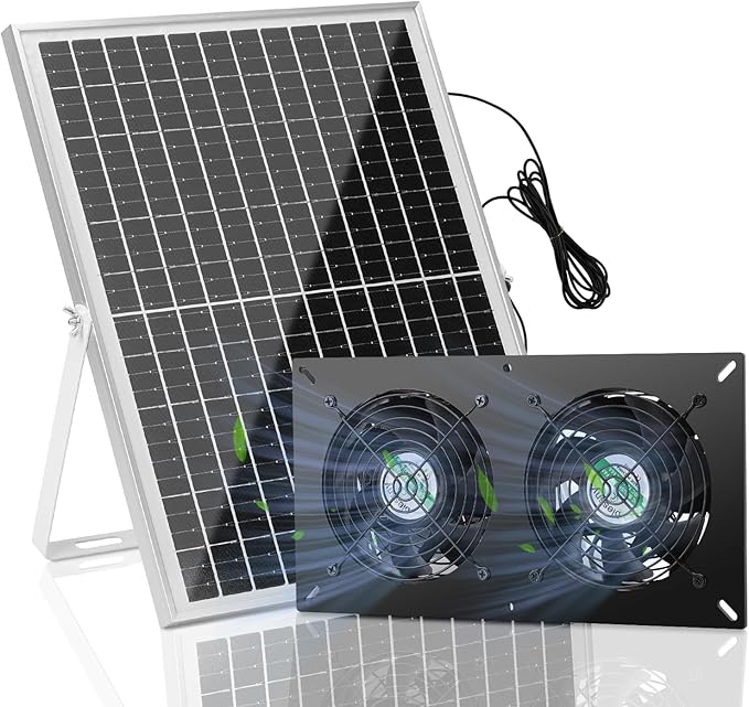 blessny 25W Solar 2 Fan Kit for Outdoor Greenhouse, Solar Powered Vent Exhaust Ventilation Fan for Chicken Coop, Shed Air Circulation, 14.7 Ft Long Cord with IP65 Weatherproof Rate
