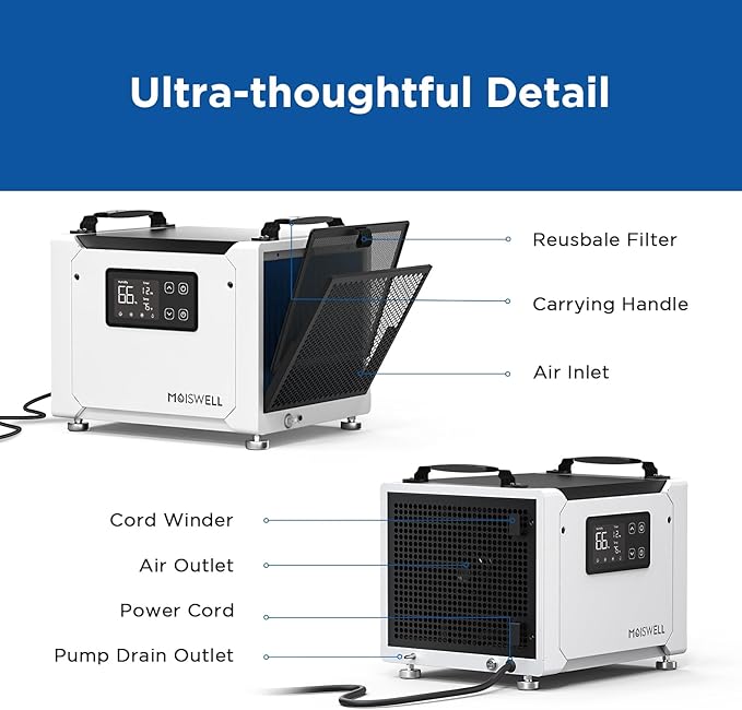 70 Pints Commercial Dehumidifier with Pump, Portable Crawl Space Dehumidifiers for Basement and Home, Energy Star Efficient Certified, Automatic Defrost | MOISWELL Defender ME-7S