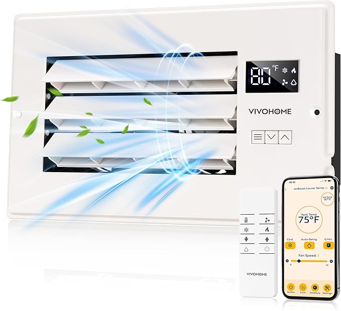 VIVOHOME Register Booster Fan - 6'' x 10'' Opening with Adjustable Louver - Smart Thermostat & 10-Speed WIFI App Control - AC Vent Fan for Floor, Ceiling, Wall - Quiet Operation (White)