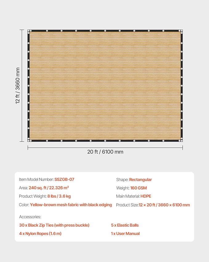 VEVOR 90% Sun Shade Cloth, 12 x 20 ft Pergola Shade Cover with Stainless Steel Grommets, Sun Shades Canopy Privacy Screen with 160 GSM HDPE Material, for Outdoor, Patio, Garden, and Backyard (Beige)