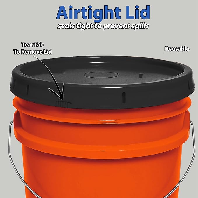 MKS Plastics 5-Gallon Bucket with Airtight Lid – Made in USA, Food Grade BPA Free Plastic, Heavy Duty Multi-Use, Metal Handle with Grip, Stackable Storage – Orange, 3 Pack