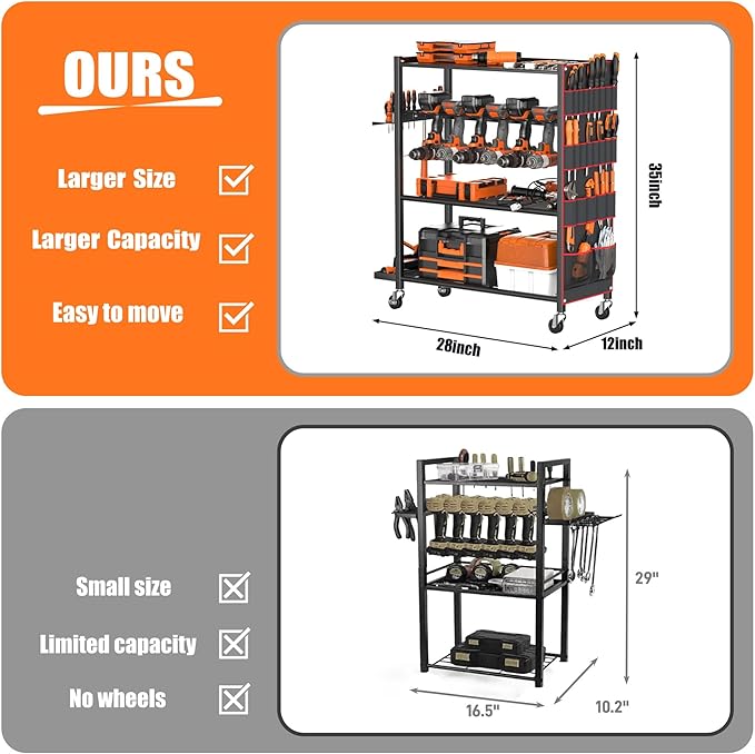 TORACK Rolling Power Tool Storage Cart, 4-Tier Large Drill Organizer with Slots for 12 Drills, Freestanding Cordless Tool Rack with Wheels for Garage & Workshop