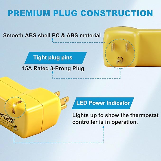 Thermostat Plug Outlet for Heat Cables, Temperature Controlled Outlet with Auto On at 38℉/Off at 50℉, Ideal for Pipes, Greenhouses, Well Houses, 3pcs