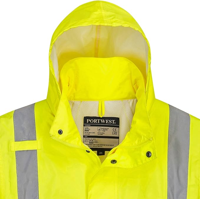 Portwest UH445 Men's Classic Raincoat Waterproof Hi Vis Reflective Long Rain Jacket ANSI Class 3 Yellow