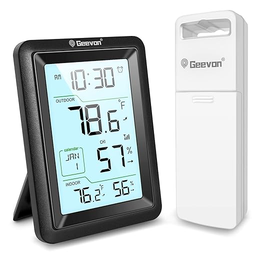 Geevon Wireless Indoor Outdoor Thermometer & Hygrometer with Remote Sensor – Digital Temperature & Humidity Monitor, Alarm, Snooze, 10s Backlight