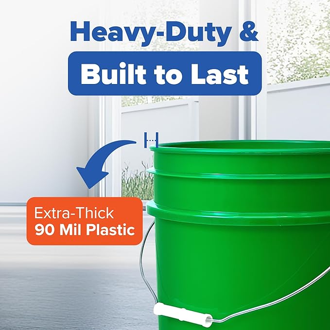 ePackageSupply 5 Gallon Bucket - Food Grade Bucket, Metal Handle Grip, BPA-Free, Heavy-Duty 90 Mil HDPE Plastic Pail, Stackable Utility Container, Made in USA, Lid Not Included, Green, 6 Packs