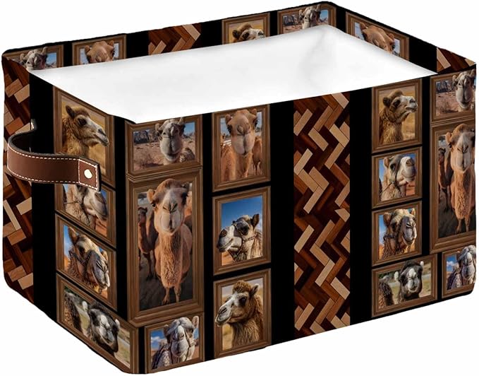 Desert Camels Storage Bins Cubes Waterproof Cloth Storage Basket,Brown Wildlife Farmhouse Animals Rustic Foldable Storage Bags for Shelf Clothes Storages Organizers with Handles 15x11x9.5 in 1PCS