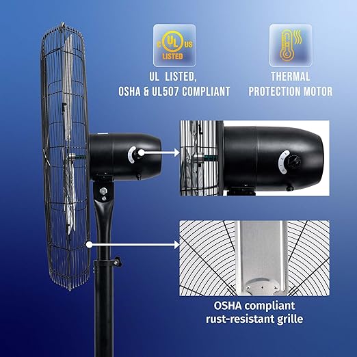 Tornado 8850 CFM 30 Inch Pedestal Fan Non-Oscillating High Velocity Fan Stationary, 3 Speed 10 FT Cord Metal, Commercial, Industrial Use, UL Safety Listed