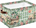 Eucalyptus Trucks Storage Bins Cubes Waterproof Cloth Storage Basket,Spring Farmhouse Floral Sage Green Plaid Foldable Storage Bags for Shelf Clothes Storages Organizers with Handles 15x11x9.5 in 1PCS