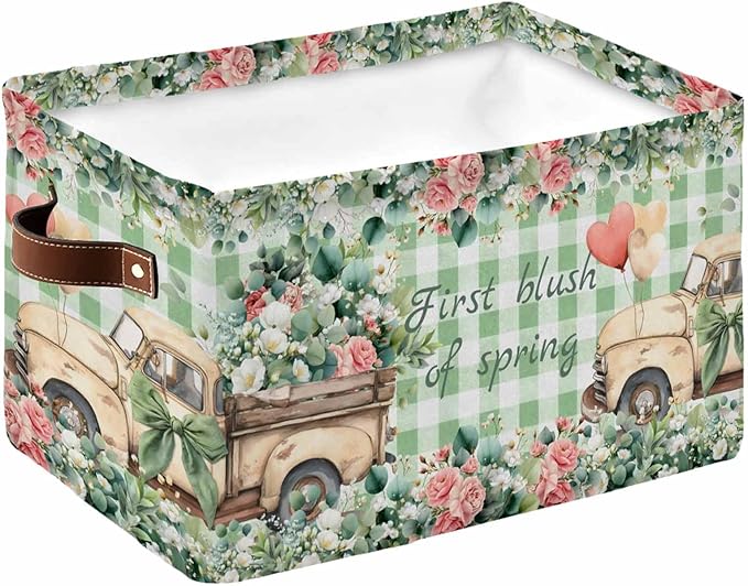Eucalyptus Trucks Storage Bins Cubes Waterproof Cloth Storage Basket,Spring Farmhouse Floral Sage Green Plaid Foldable Storage Bags for Shelf Clothes Storages Organizers with Handles 15x11x9.5 in 1PCS