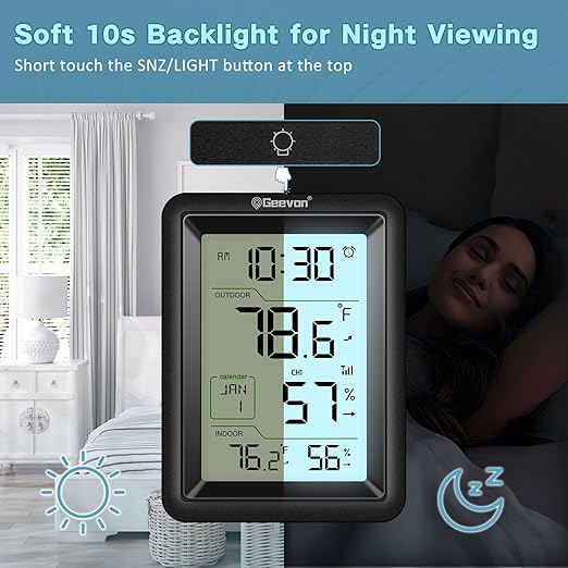 Geevon Wireless Indoor Outdoor Thermometer & Hygrometer with Remote Sensor – Digital Temperature & Humidity Monitor, Alarm, Snooze, 10s Backlight