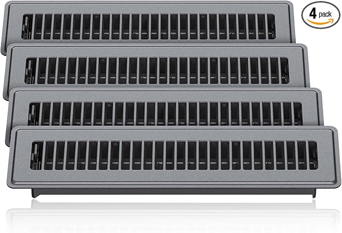 2 x 14 Floor Register, Gray Vent Covers for Home Floor, Anti-Rust Coated Metal Surfaces with Adjustable Airflow Control Lever, Ideal for HVAC Systems, Living Room & Bedroom Floor Vents - 4 Pack