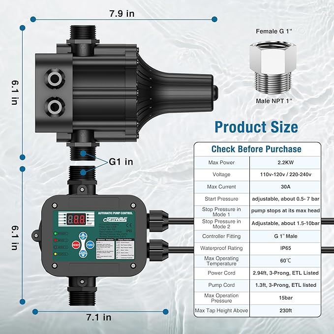 Smart Adjustable Pressure Switch for Well Pump, Automatic Water Pumps Switch, Dry-running Protection for Submersible/Shallow Well/Garden/Jet/Self-priming Pump, Power&Pump Cable Included, NPT1"&G1"
