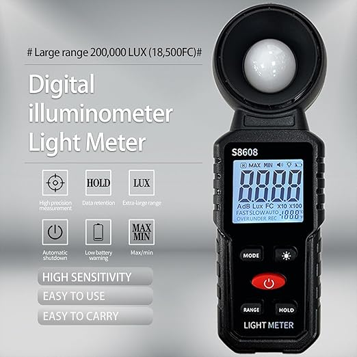 Digital Illuminance Meter Light Meter 20Lux to 200,000Lux Meter/18,500FC,Luxmeter for Photography Grow Plants Led Photometer Lighting Intensity Brightness Measurement