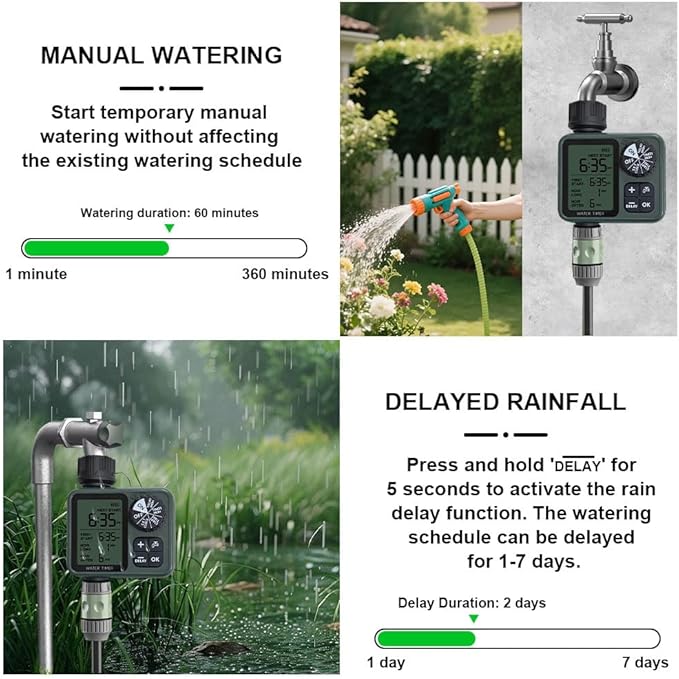 Water Timer for Outdoor Garden Hose Programmable Water Timer with Rain Delay/Manual/Automatic Watering System，Automatic Drip Irrigation Controller System for Lawn Yard Garden Watering，1 Outlet