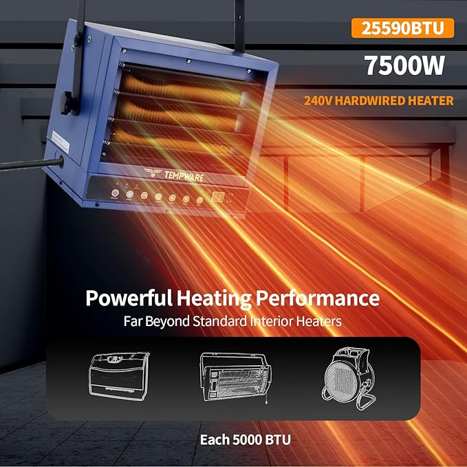 TEMPWARE 7500Watt Electric Garage Heater, Digital Ceiling Mount Fan-Forced Shop Heater with Full-Function Remote, 240-Volt Hardwired Heater with 12-Hour Timer, Ideal for Workshop