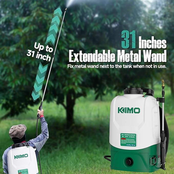 KIMO 4.3 Gal Backpack Sprayer Battery Powered w/ 2PCS 2.0Ah Battery, 73PSI Adjustable Pressure, 6 Nozzles, 31" Telescopic Wand, Padded Shoulder Strap, No Pump Needed Electric Weed Sprayer for Planting