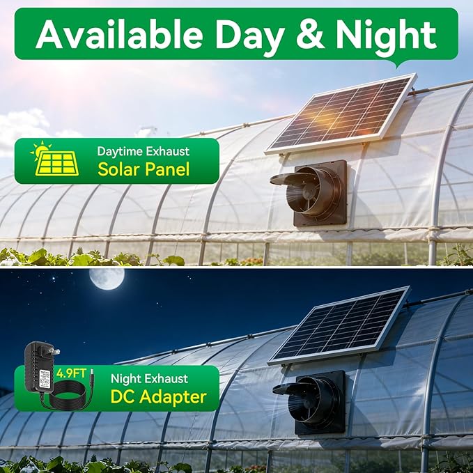 Solar Exhaust Fan 2-in-1 with DC Adapter,Large Solar Panel 3000 RPM High Speed Ventilation Fan,Waterproof with Auto Shutter for Continuous Airflow for Shed,Chicken Coop,Greenhouse,Dog House