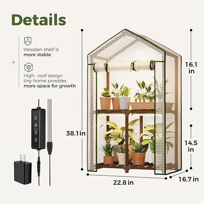 Bamworld Mini Greenhouse with Grow Light 2 Tied Plant Stand for Mutiple Pots Outdoor 2-Tierd Reusable Portable Warm House with PE Cover Compact Patio Boho Home Decor
