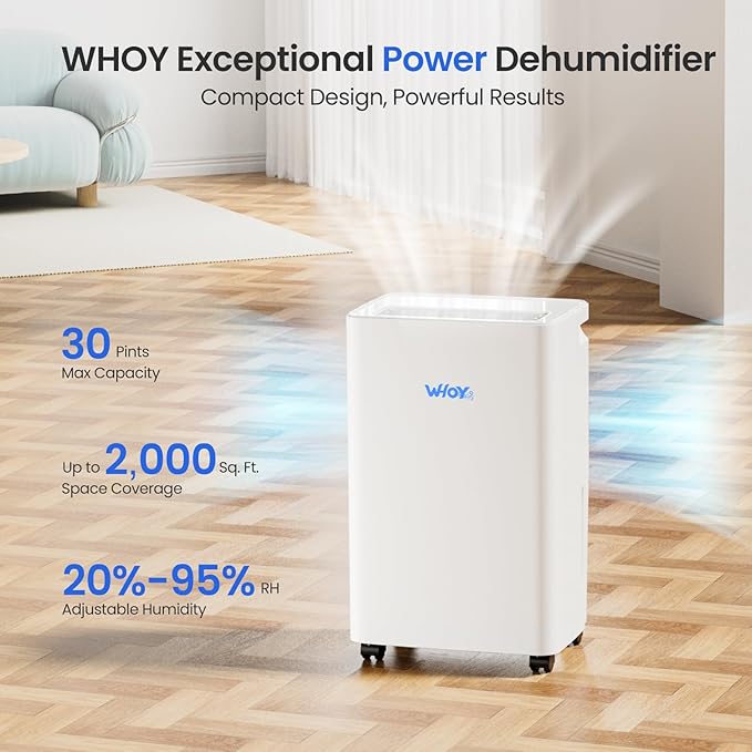 30 Pint Dehumidifier for Home & Bedroom, Up to 2,000 Sq. Ft, WiFi Smart App Control, Ultra Quiet with 1.6L Tank & Continuous Drain Hose, 3 Modes for Laundry Dry & Basement, Auto Defrost