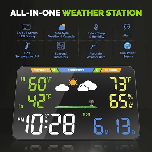 EnvyBox WiFi Weather Station 8.5" LED Display | Privacy-Focused, No App Required, Syncs Weather & Calendar for Home/Office | Dual Power, Black