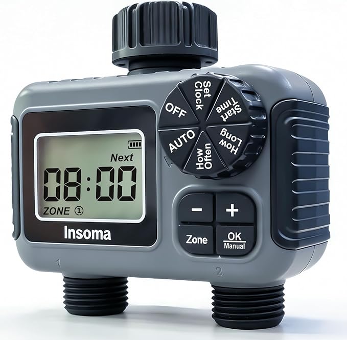 Insoma 2 Zone Water Timer, Programmable Irrigation Sprinkler Timer for Garden Hose, Outdoor Hose Faucet Timers with Rain Delay/Manual/Auto Modes, IPX5 Waterproof for Drip System & Lawn