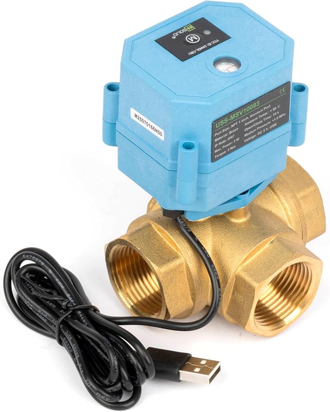 U.S. Solid WiFi Smart Motorized Ball Valve 1 inch NPT for Water Control & Irrigation, 3 Way Brass Electric Valve, USB Powered, LED Status Indicator, Flow Direction Window, Remote On/Off Control