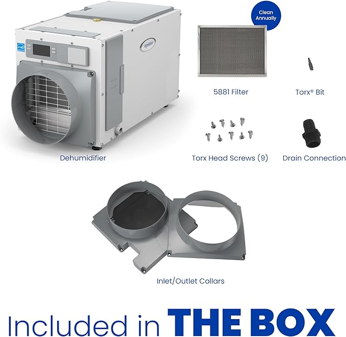 AprilAire E100 Whole House Dehumidifier for Basement & Crawl Space – 100-Pint High-Capacity Commercial Dehumidifier for Homes Up to 5,500 Sq. Ft. with Pump, Drain Hose, & Hanging Kit for DIY Install
