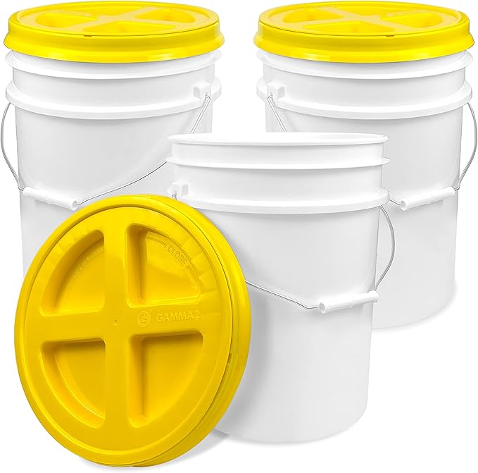 ePackageSupply 5 Gallon Bucket - Food Grade Bucket with Airtight Gamma Seal Screw-On Lid, BPA-Free, Heavy-Duty 90 Mil HDPE Plastic, Bulk Storage, Durable Container, Made in USA, White/Yellow, 3 Packs