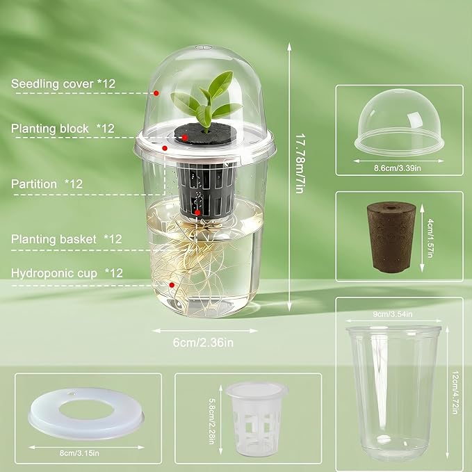 12 Pack Transparent Hydroponic Cups with Humidity Domes, 5in1 Hydroponics Growing System Kit, Clear Self Watering Planters for Indoor Plants, Herbs, Seed Starting, Root Monitoring