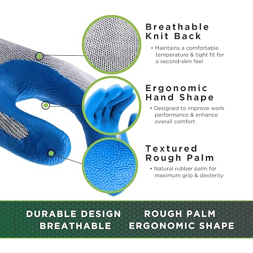 SHOWA Atlas 300 Original 1994 Crinkle Grip Work Gloves, Natural Latex Palm, Heavy Duty 10-Gauge for Construction, Landscaping, Gardening, & Masonry, Blue, XX-Large, 1-Pair